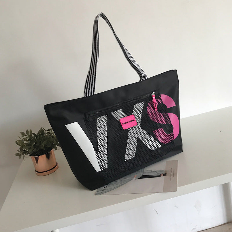 Blue letter-print shopping tote bag with double soft handles