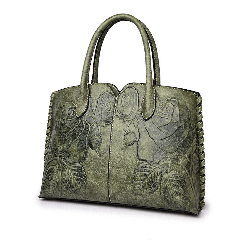 Red PU handbag featuring a raised peony flower pattern