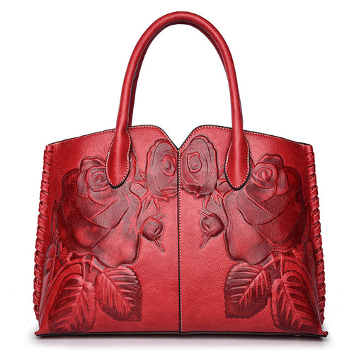 Women's embossed peony flower handbag with a decorative floral design