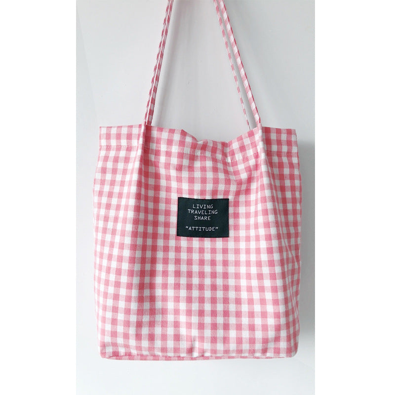 Women's large plaid canvas bucket tote bag with soft handles